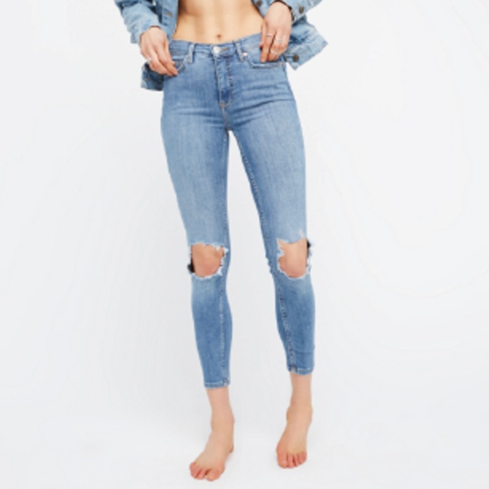 FREE PEOPLE High Rise Busted Knee Mid Stone Blue Skinny Jeans 30 Regular NWT